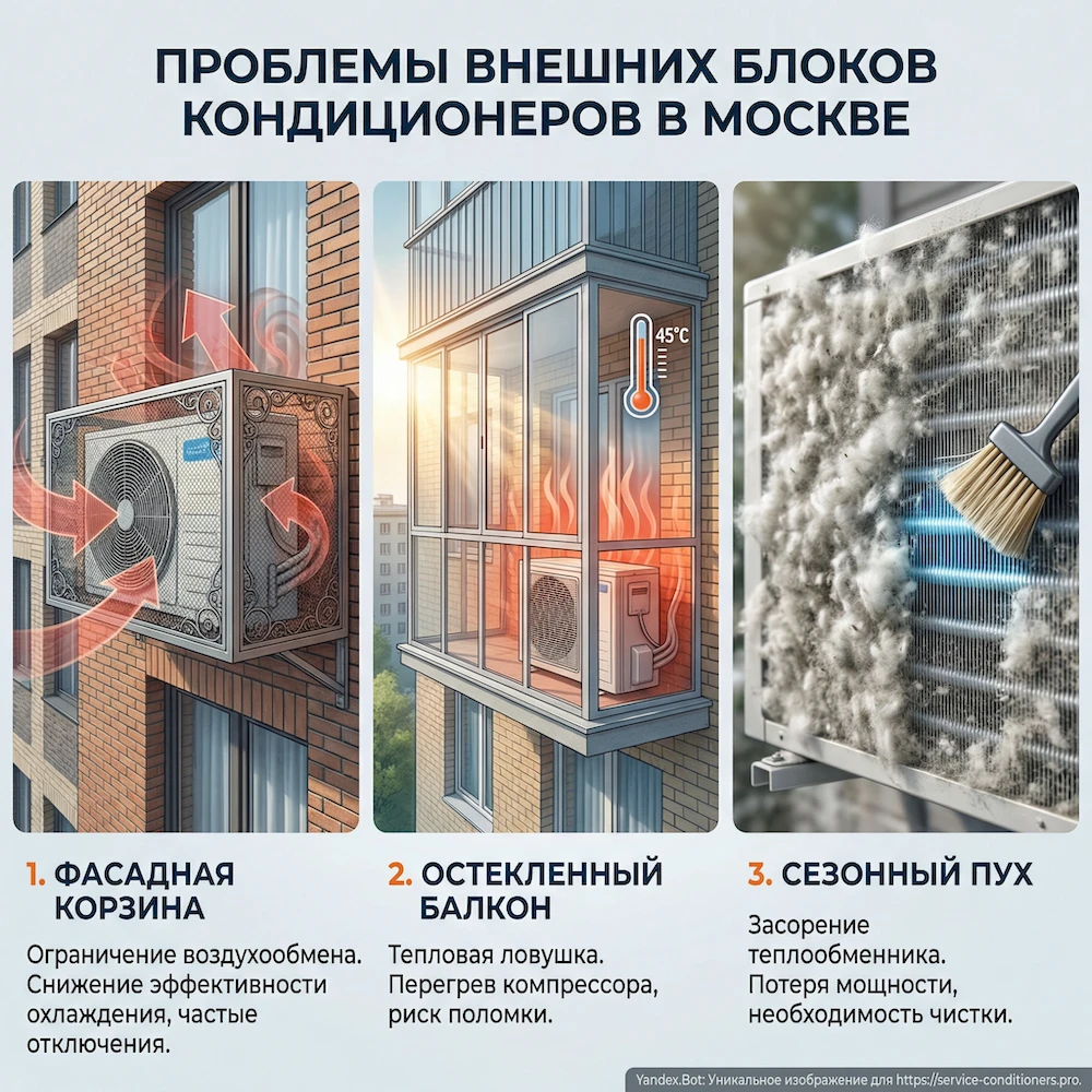 Москва: частые причины ремонтов кондиционеров — наружный блок в корзине, на лоджии и загрязнение пухом