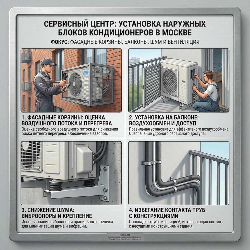 Монтаж кондиционера в Москве: наружный блок в корзине или на лоджии, требования к продуву, шуму и вибрациям