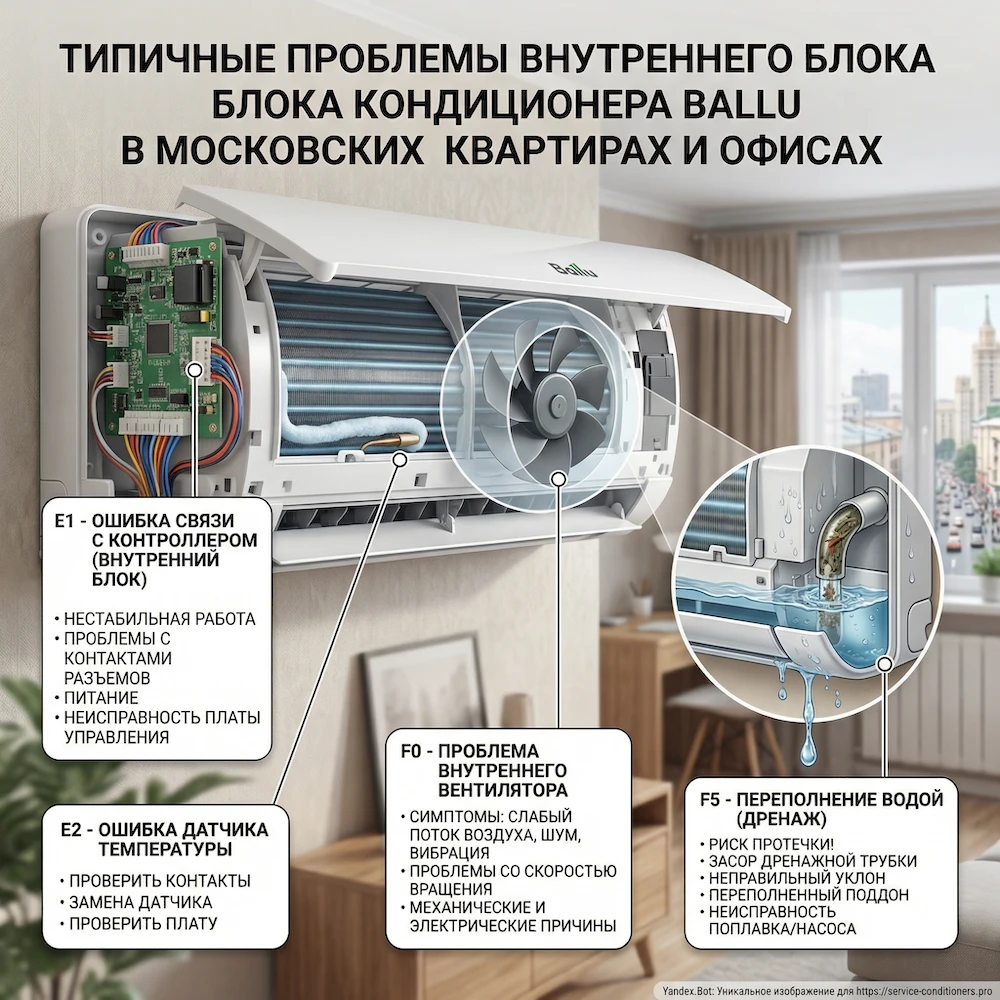 Внутренний блок: связь, датчики, вентилятор, вода