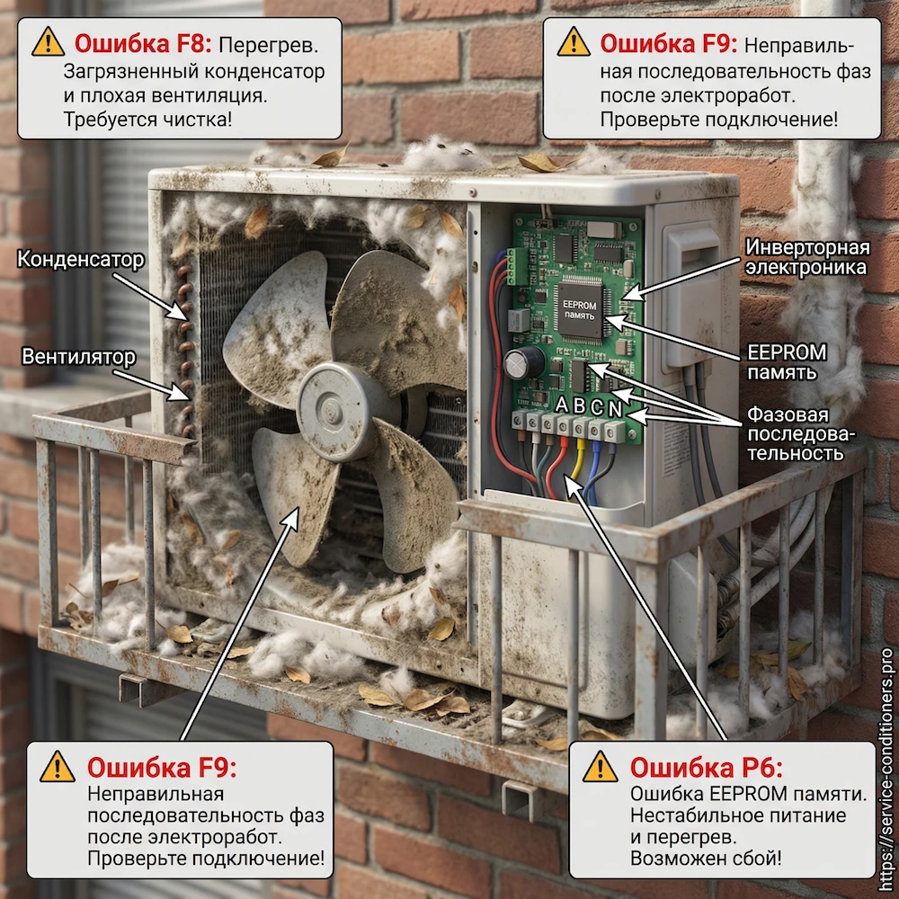 Наружный блок: перегрев, EEPROM, фазы