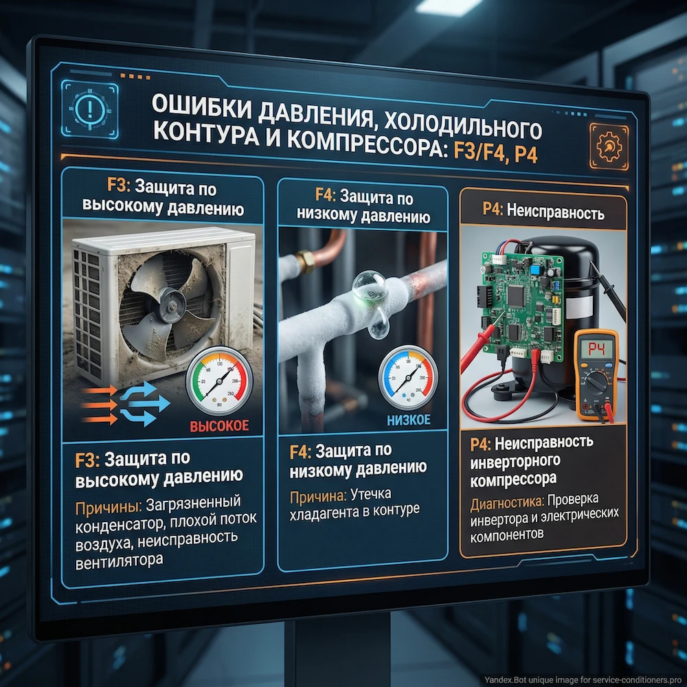 Давление, контур и компрессор: F3/F4, P4