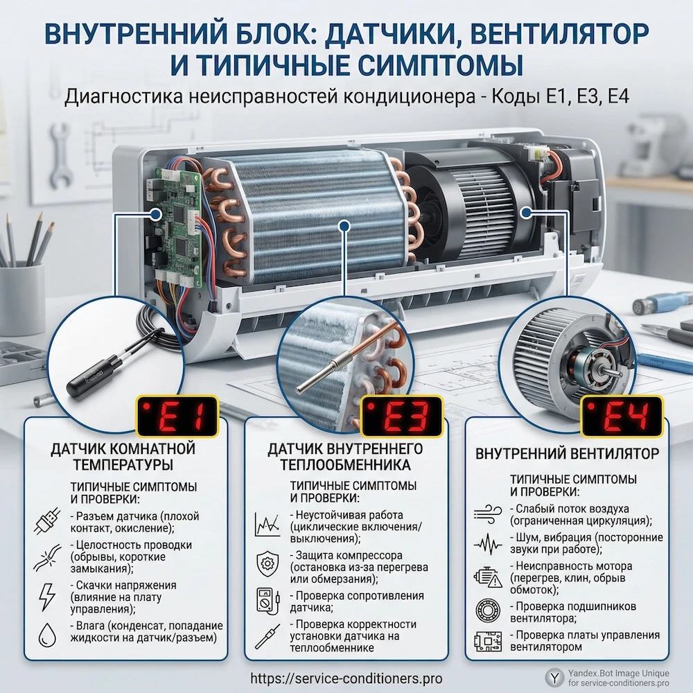 Внутренний блок: датчики, вентилятор, типовые симптомы