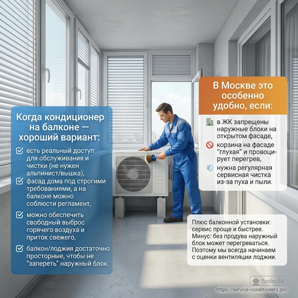 Когда блок кондиционера на балконе — хороший вариант
