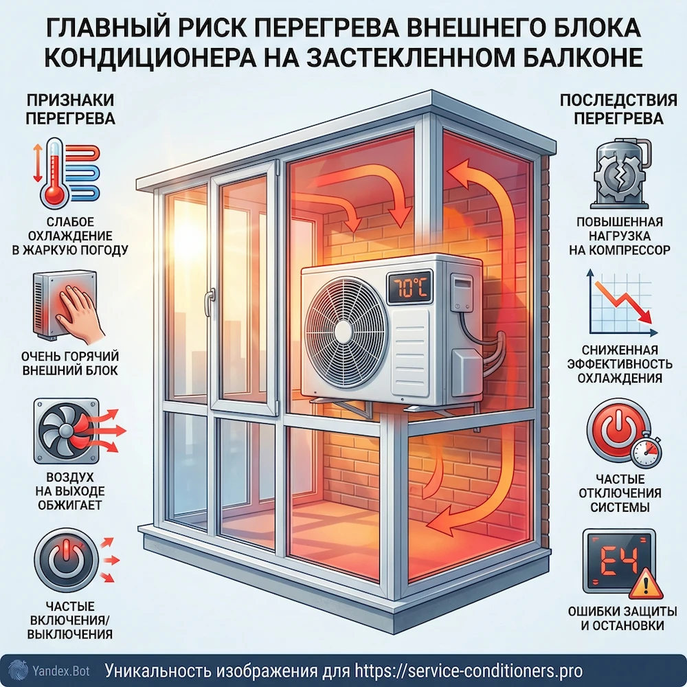 Главный риск: перегрев наружного блока кондиционера на лоджии при остеклении