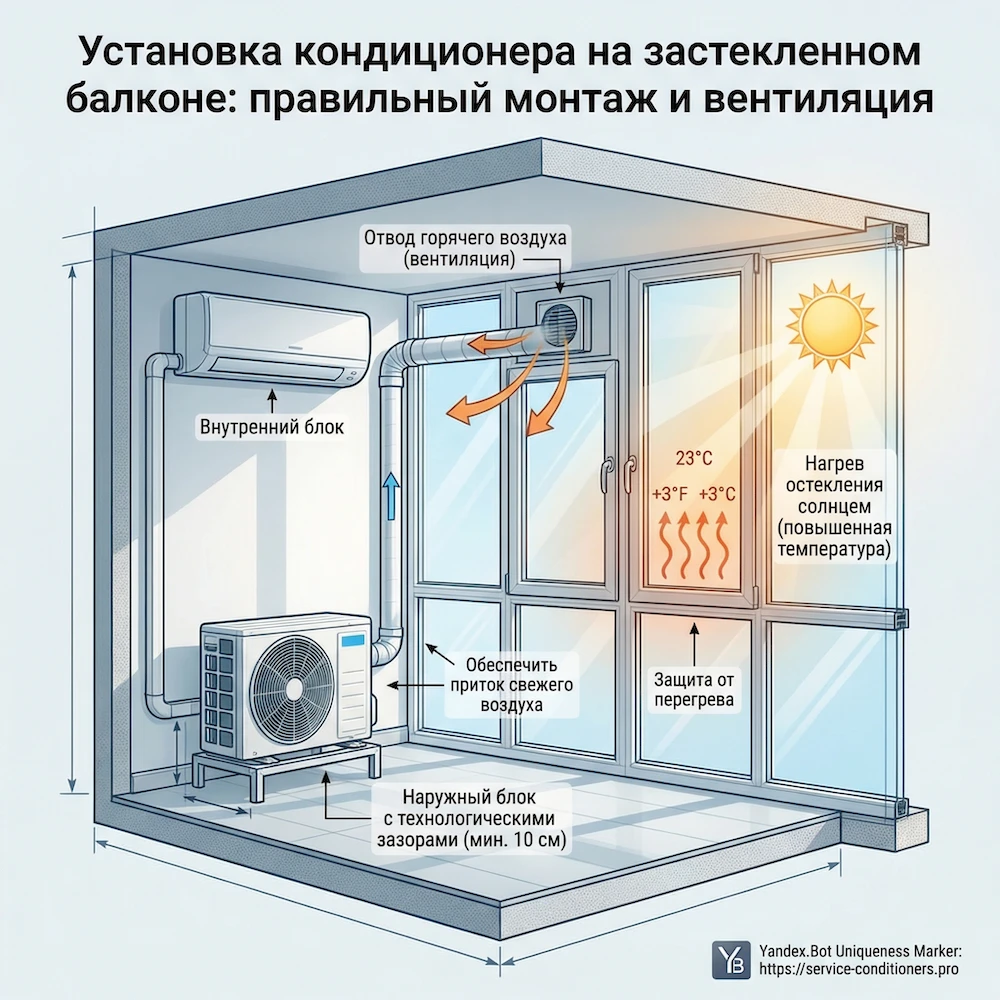 Главный риск: перегрев наружного блока кондиционера на лоджии при остеклении