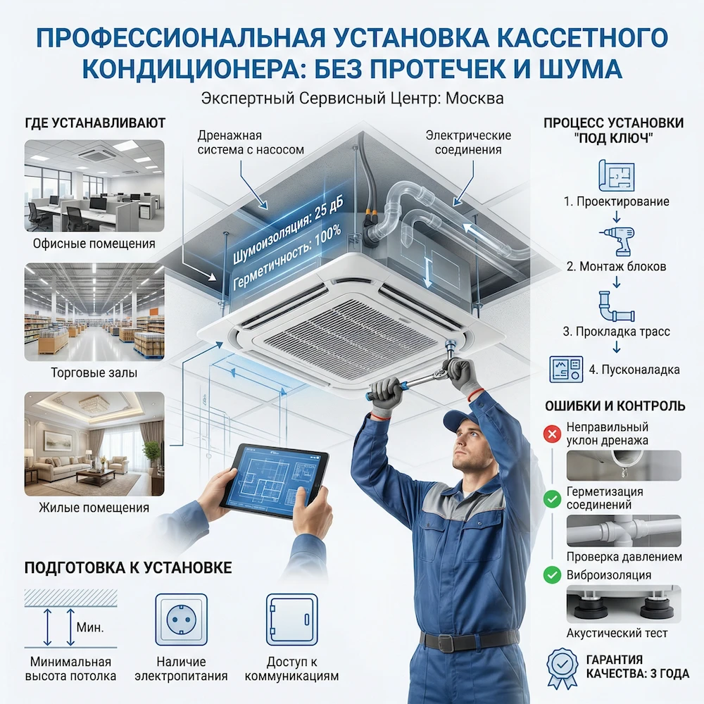 Установка кассетного кондиционера: кассетная сплит-система в подвесном потолке (Москва)