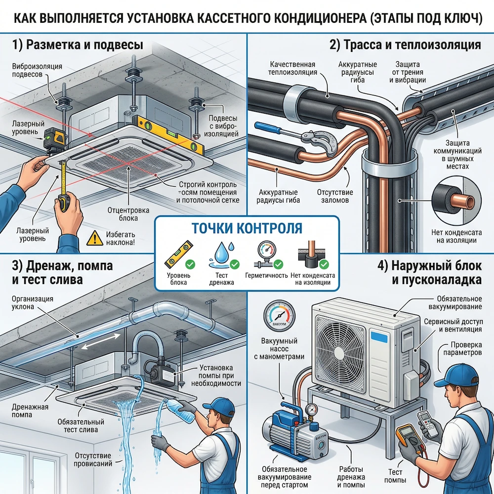 Этапы: монтаж кассетного кондиционера и установка кассетной сплит системы под ключ
