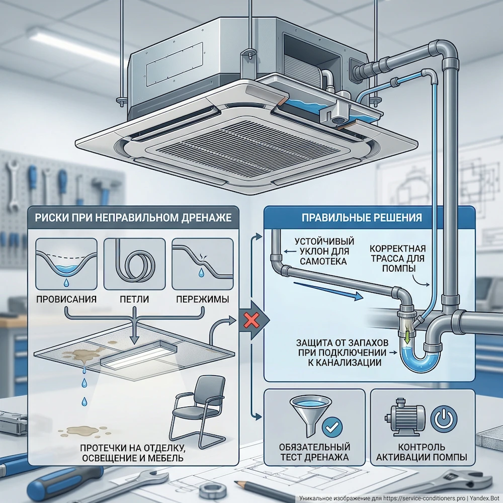 Дренаж кассетного кондиционера и помпа: защита от протечек в потолке