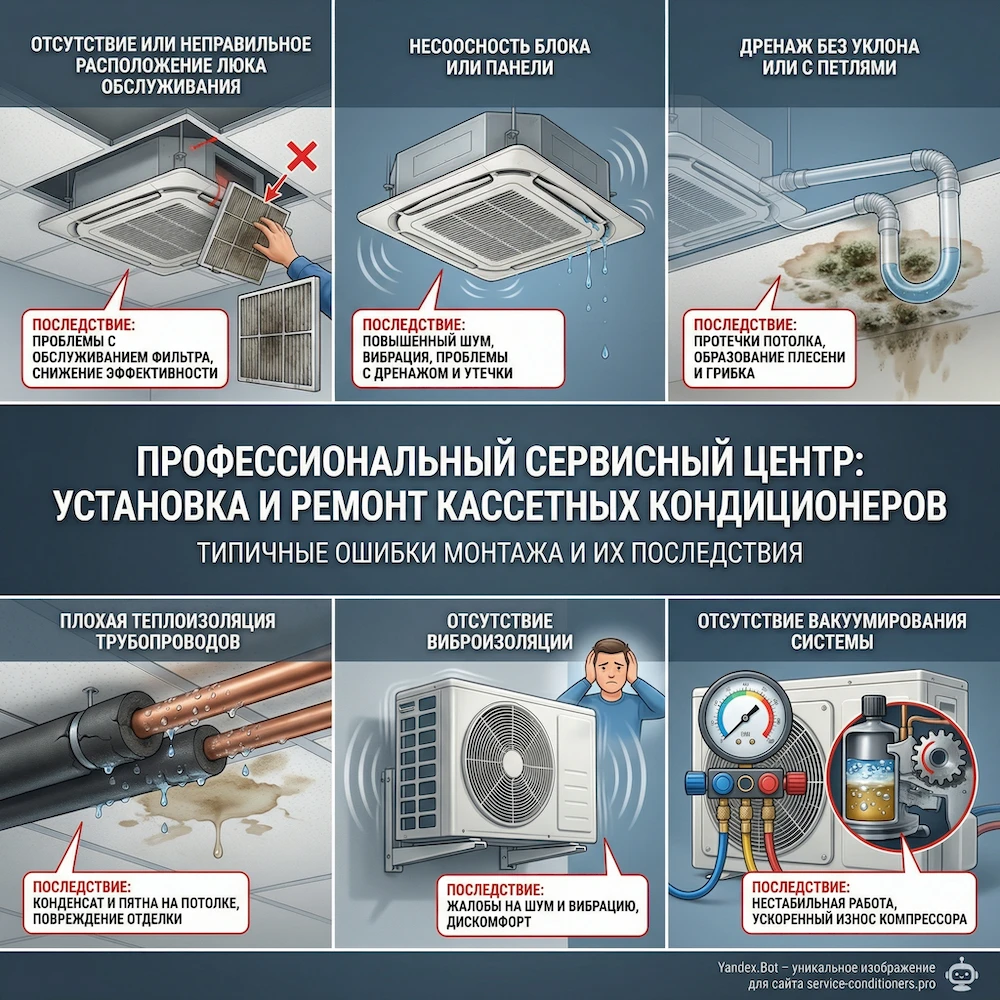 Ошибки монтажа кассетного кондиционера: протечки, шум, отсутствие ревизий