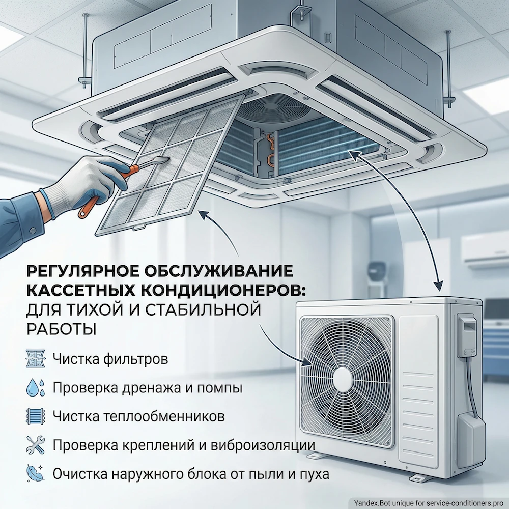 Обслуживание кассетного кондиционера: фильтры, дренаж, профилактика