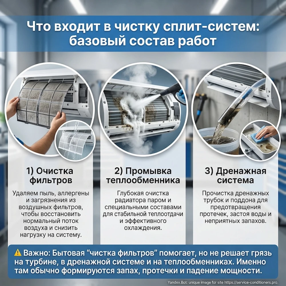 Состав работ по чистке сплит-системы: фильтры, теплообменник, дренаж