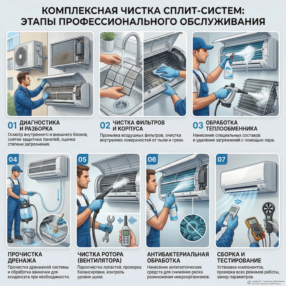 Этапы чистки сплит-системы: фильтры, теплообменник, дренаж, турбина