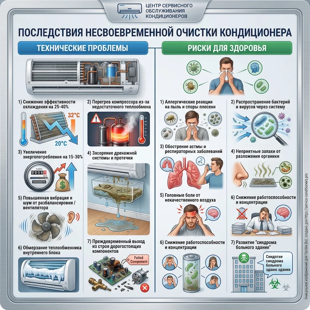 Последствия отсутствия обслуживания: запах, протечки, падение мощности кондиционера