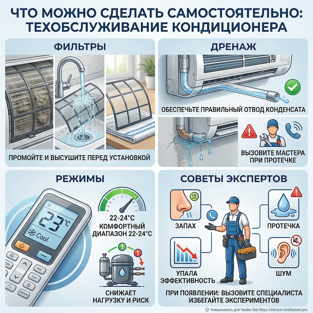 Самостоятельный уход: фильтры, режимы, наблюдение за сливом конденсата