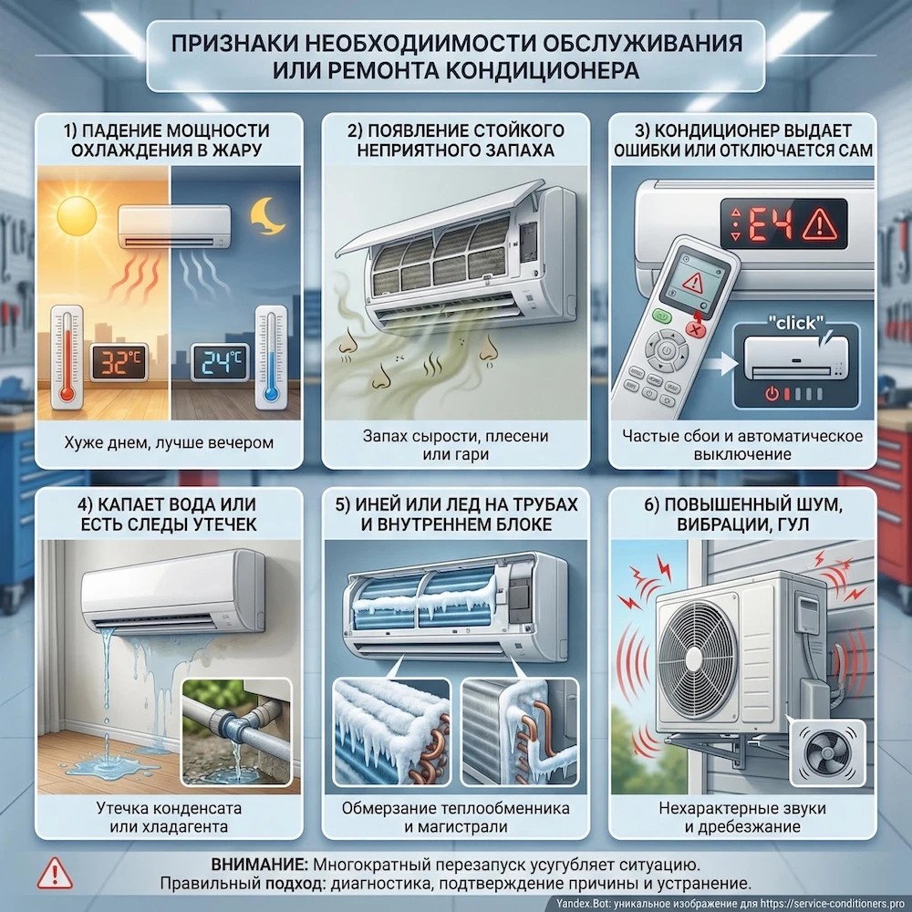 Признаки, что нужен сервис или техническое обслуживание кондиционера