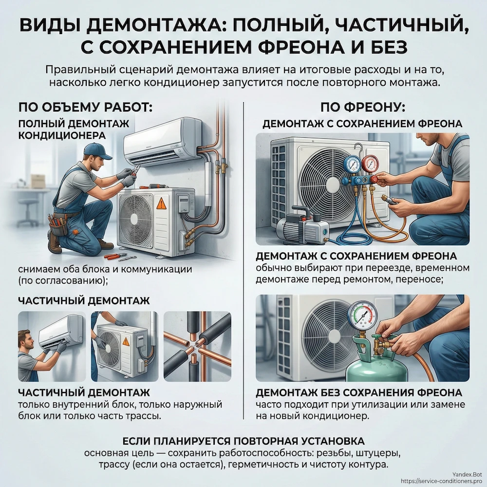 Виды демонтажа: полный, частичный, с сохранением фреона и без