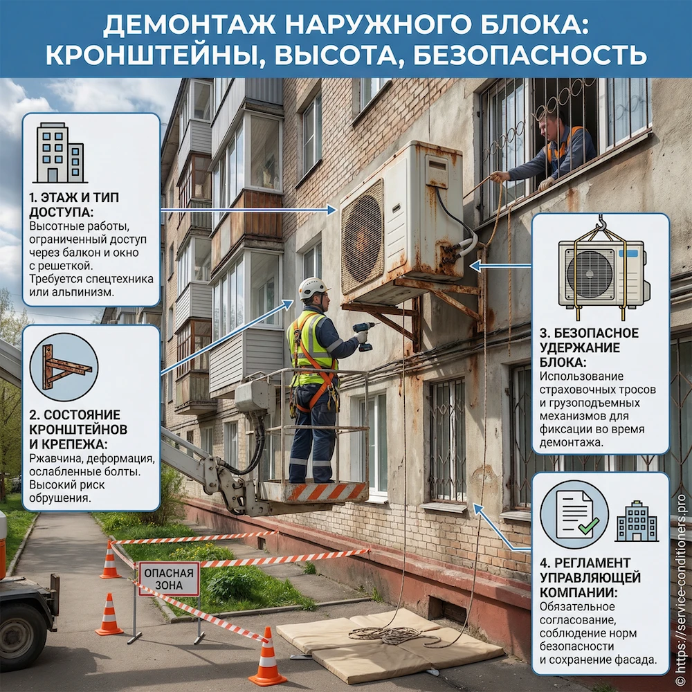 Демонтаж наружного блока: кронштейны, высота, безопасность
