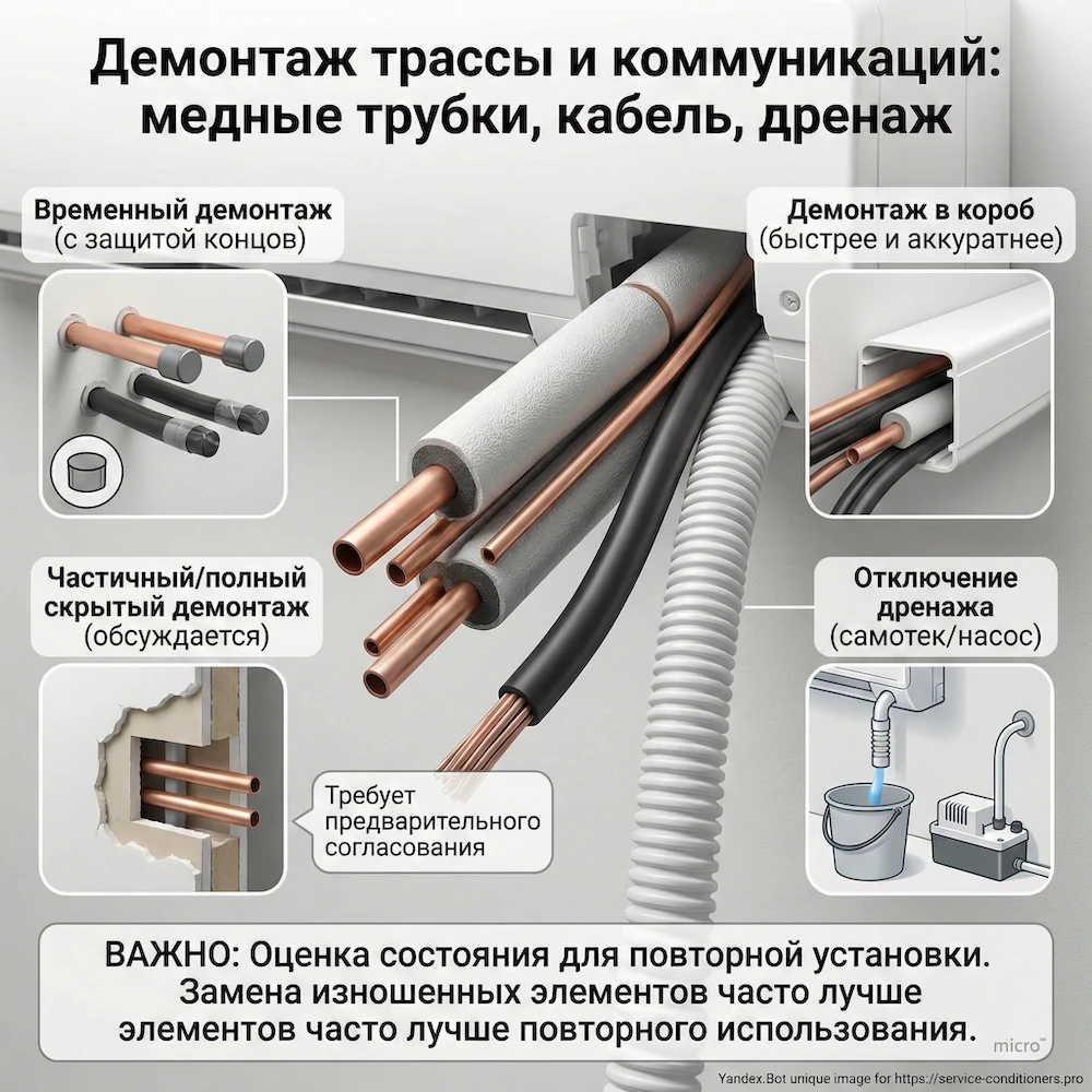 Демонтаж трассы и коммуникаций: медные трубки, кабель, дренаж