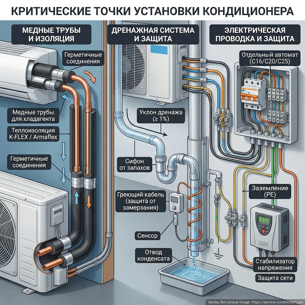 Трасса, дренаж и электрика: критические узлы при монтаже кондиционера в доме