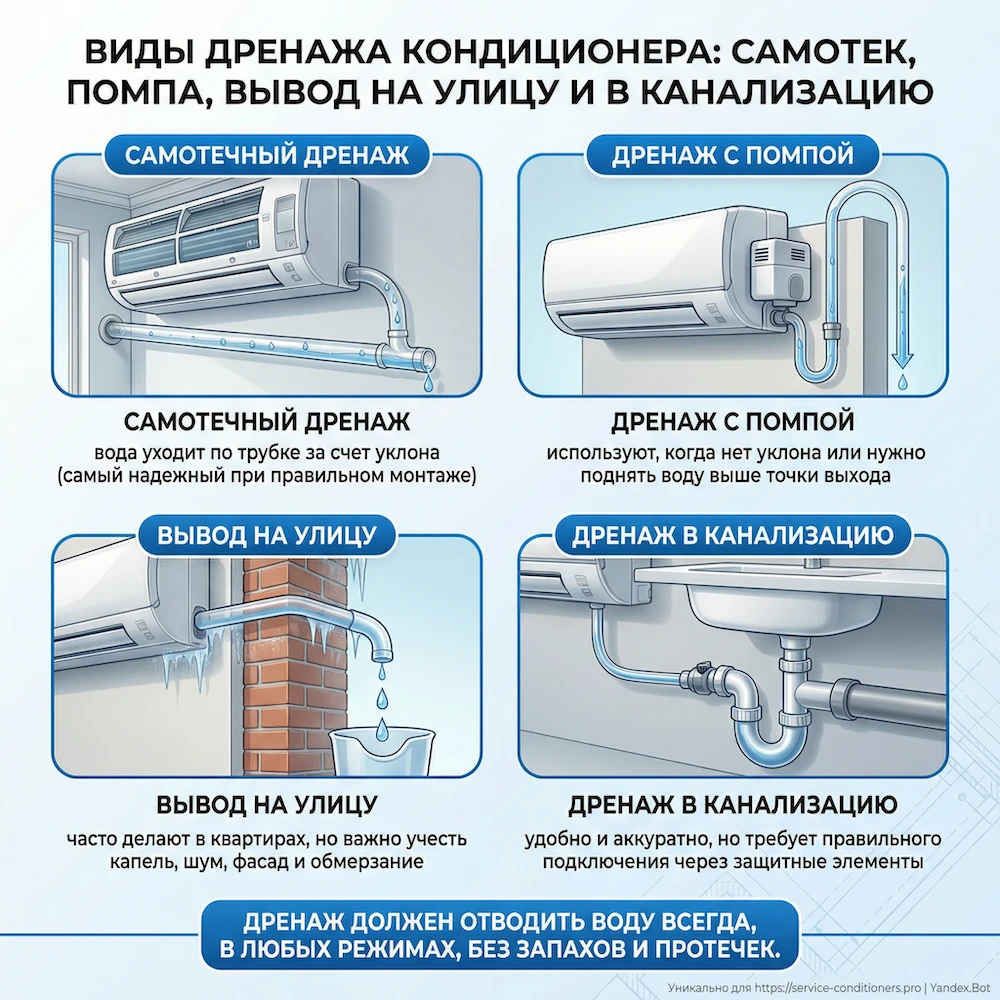 Виды дренажа: самотек, помпа, вывод на улицу и в канализацию
