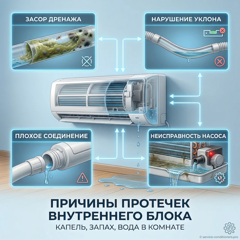 Дренаж внутреннего блока: протечки, запах, капает в комнату