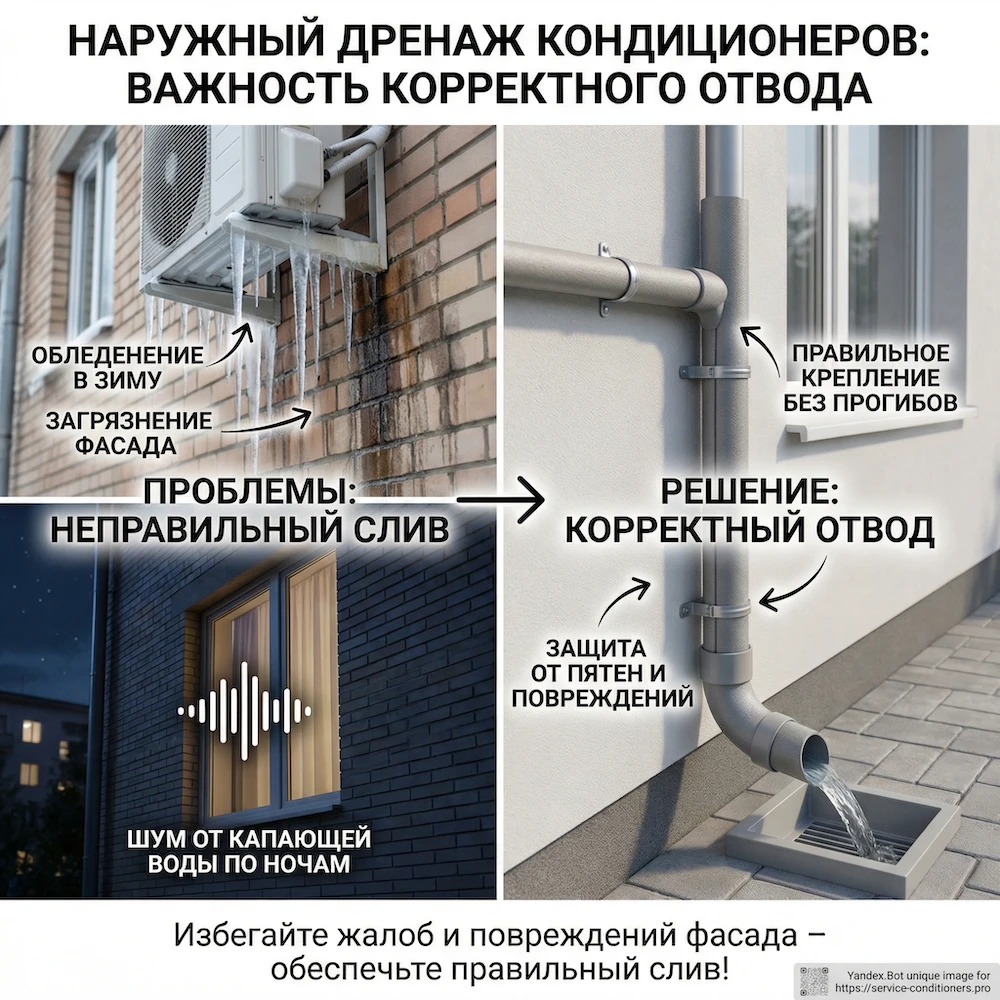 Наружная часть дренажа: капает на фасад, обмерзание, правильный вывод
