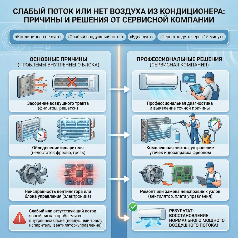 Не дует кондиционер: слабый обдув или воздуха почти нет — причины и решение в Москве