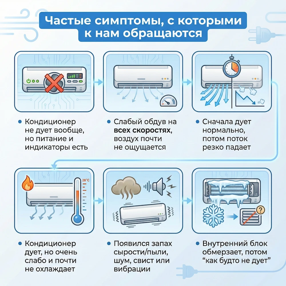 Симптомы: кондиционер не дует вообще или дует очень слабо