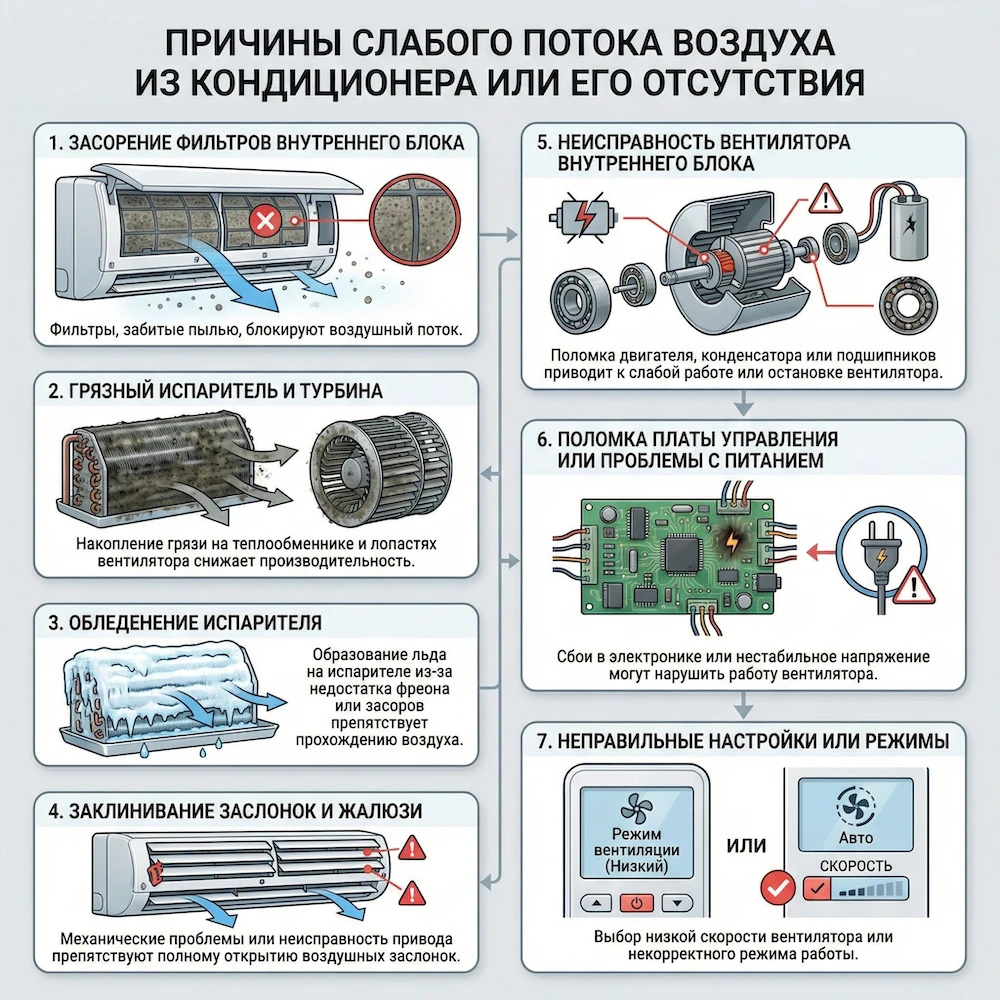Почему не дует кондиционер: основные причины слабого обдува внутреннего блока