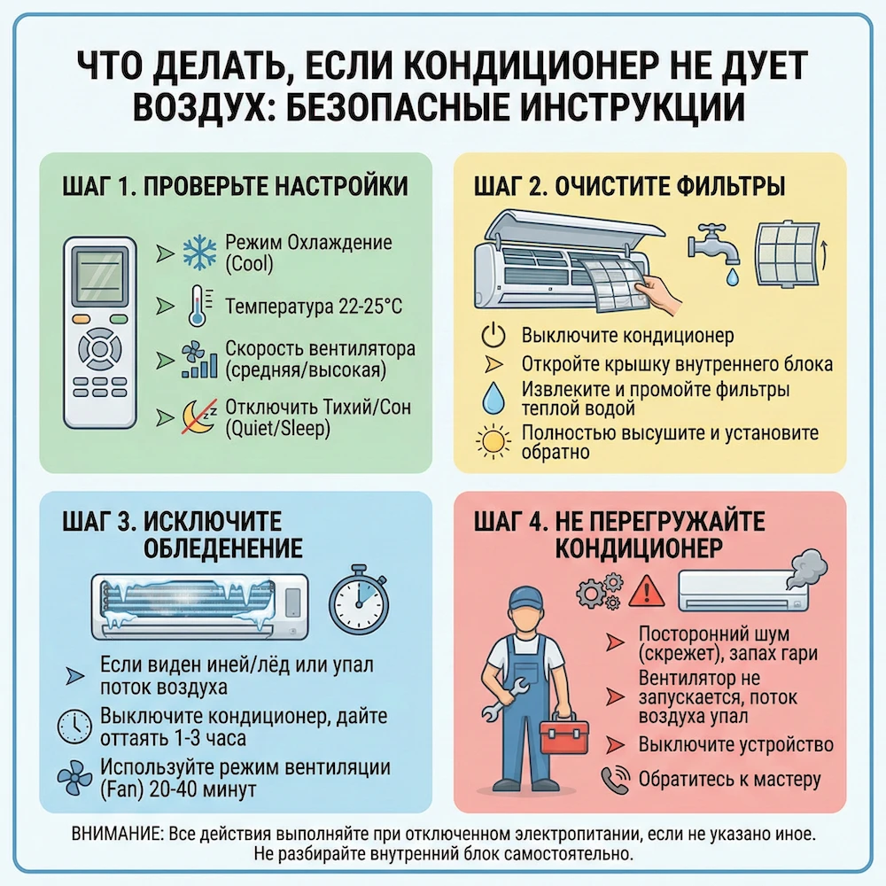 Что сделать самостоятельно, если кондиционер не дует воздухом: безопасные шаги