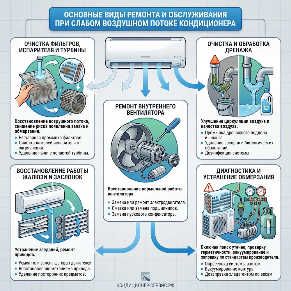 Что обычно помогает, если кондиционер не дует: чистка, восстановление обдува, ремонт