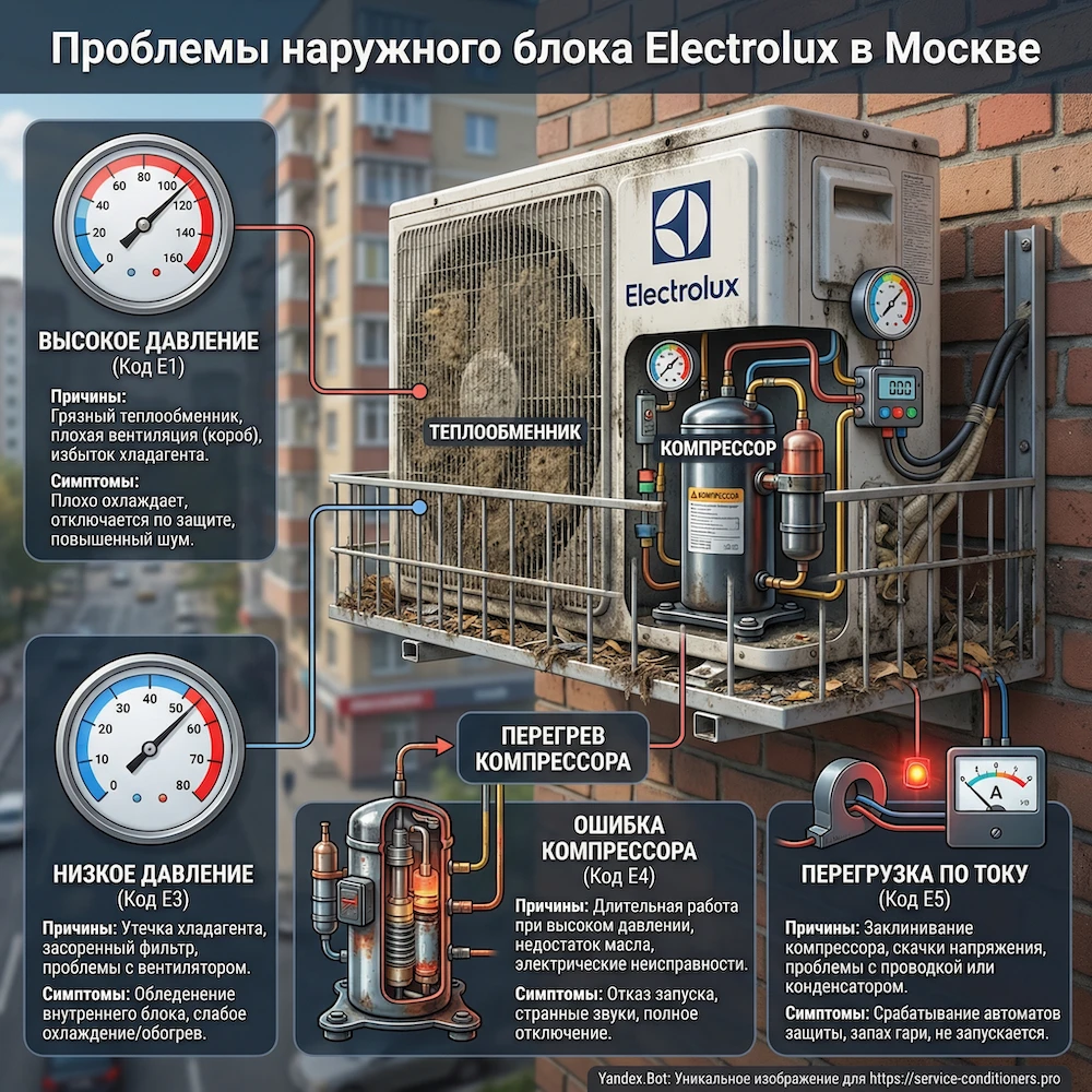 Наружный блок: давление, компрессор, перегруз по току Наружный блок: давление, компрессор, перегруз по току