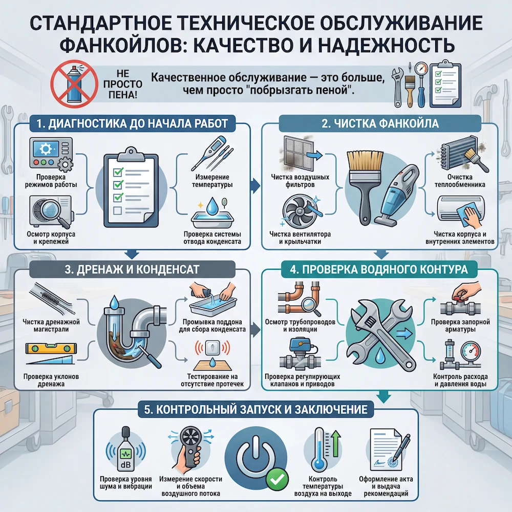 Что входит в обслуживание фанкойлов (стандартный регламент) Что входит в обслуживание фанкойлов (стандартный регламент)