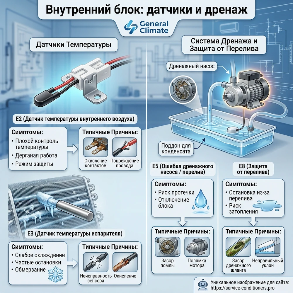 Внутренний блок: датчики и дренаж