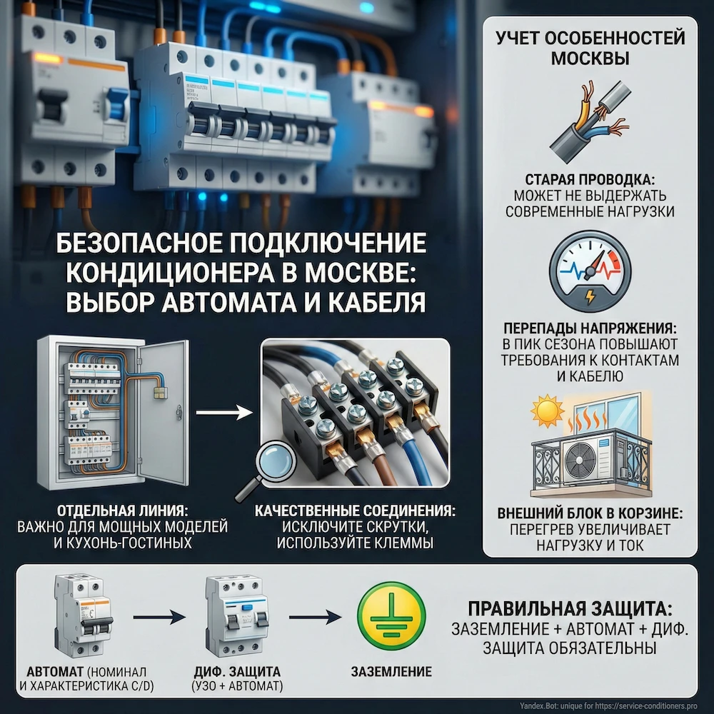 Подключение кондиционера: отдельная линия, автомат защиты и проверка токов при запуске