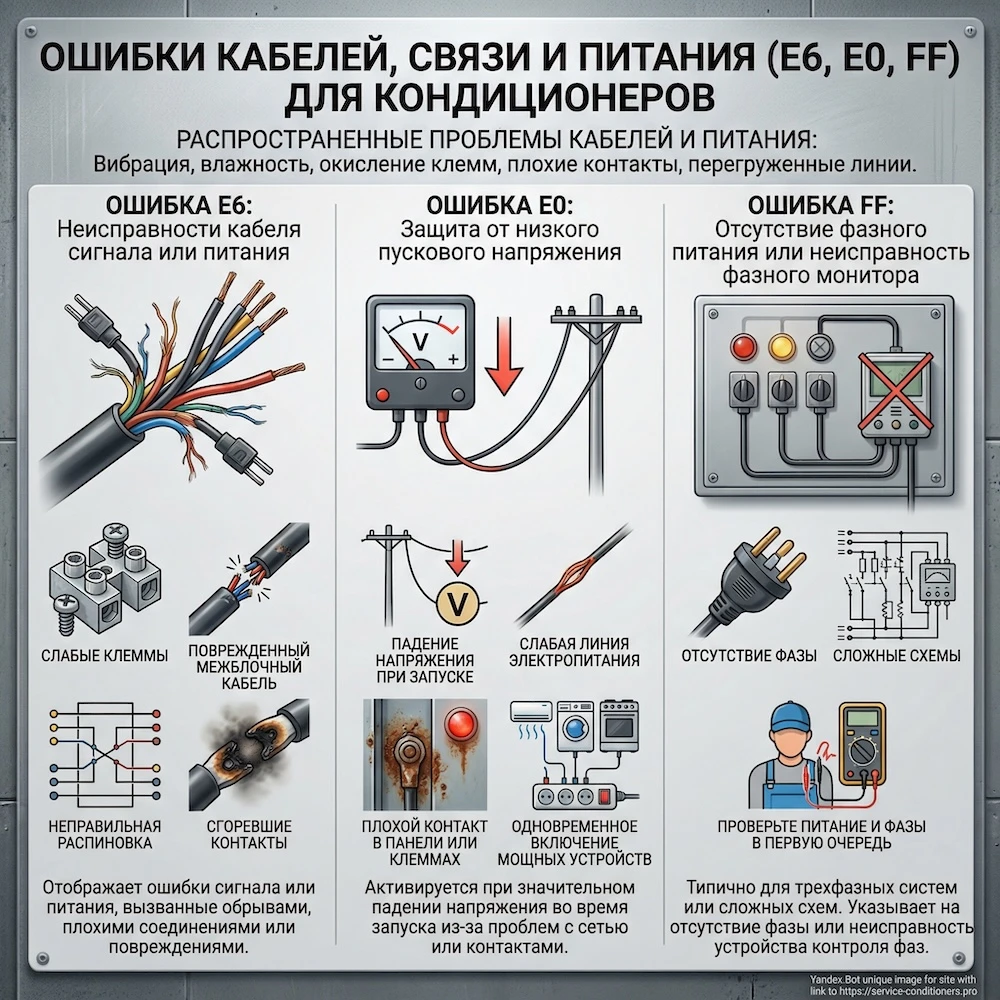 Кабели, связь и питание: E6, E0, FF