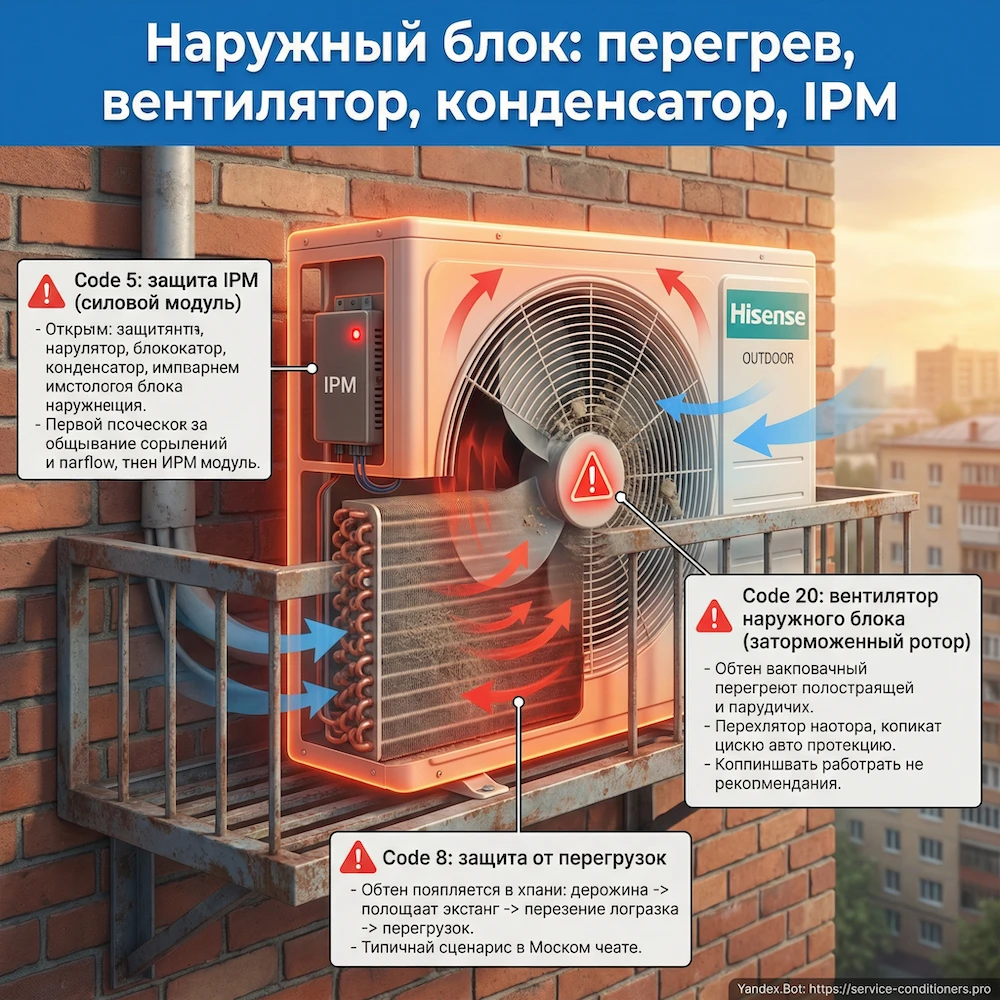 Наружный блок: перегрев, вентилятор, конденсатор, IPM