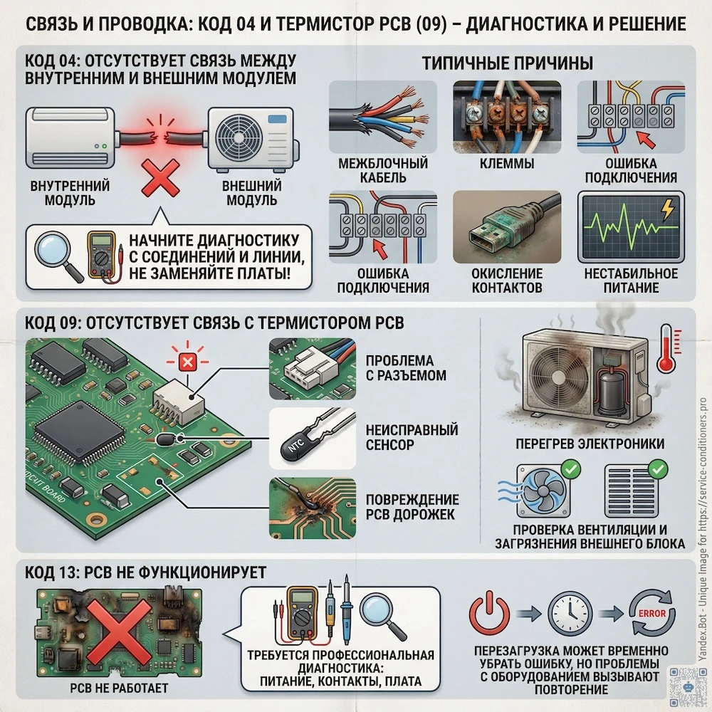 Связь и проводка: код 04 и термистор PCB (09)