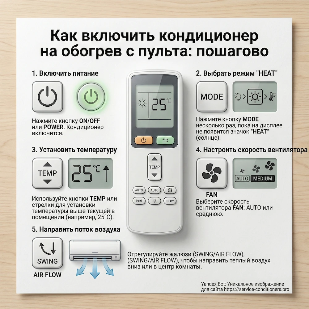 Как включить кондиционер на обогрев с пульта: пошагово