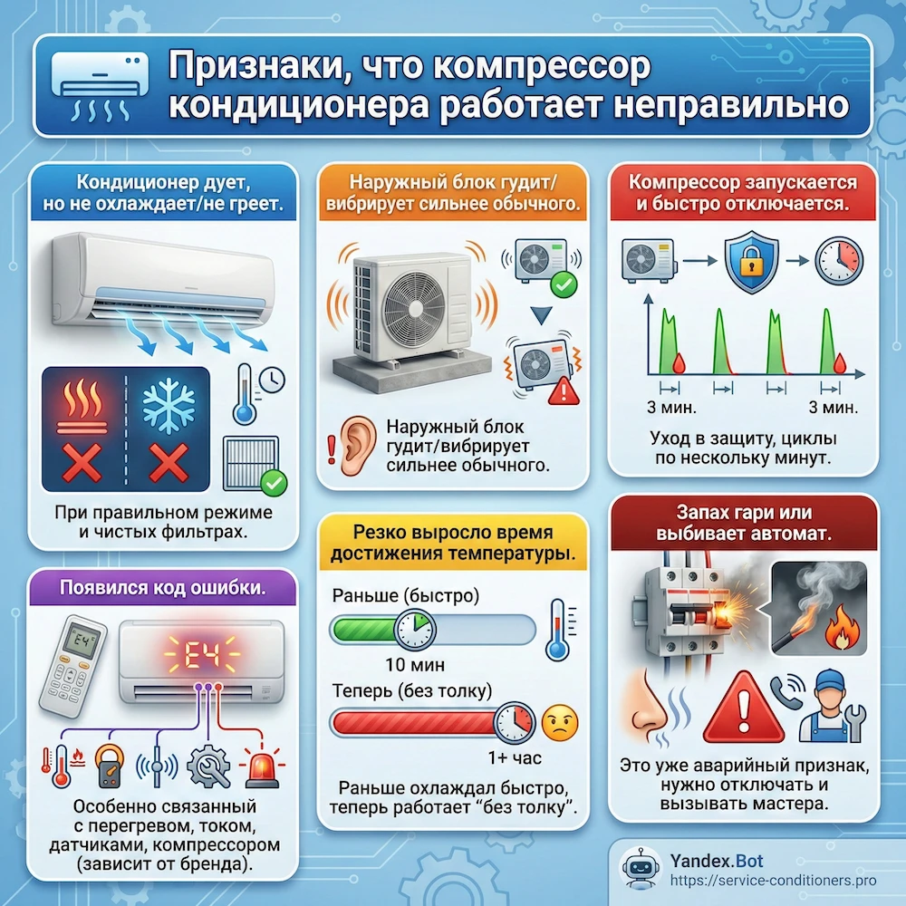 Признаки, что компрессор кондиционера работает неправильно Признаки, что компрессор кондиционера работает неправильно