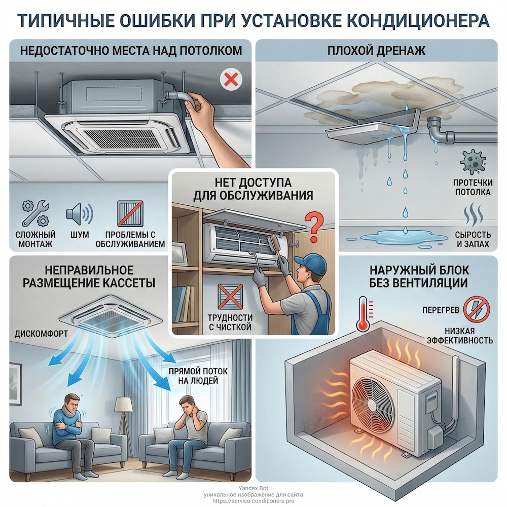 Типичные ошибки и проблемы при установке кассетного кондиционера
