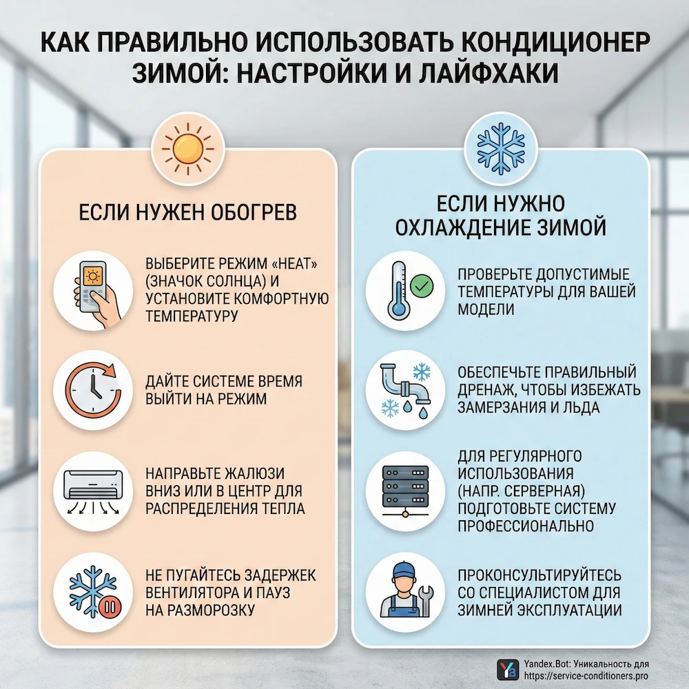 Как включать кондиционер зимой правильно: настройки и лайфхаки