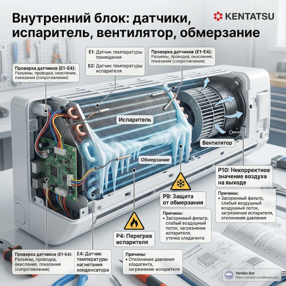 Внутренний блок: датчики, испаритель, вентилятор, обмерзание