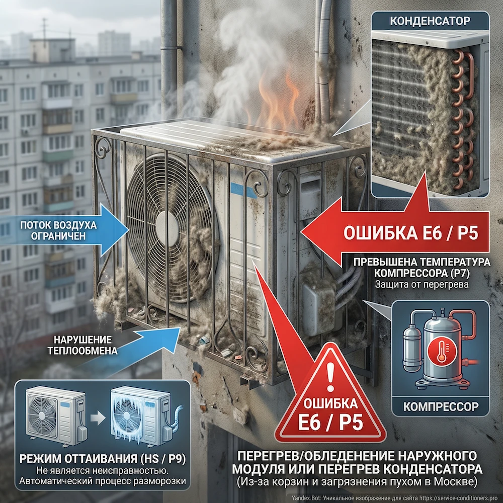 Наружный блок: перегрев, конденсатор, компрессор, оттайка