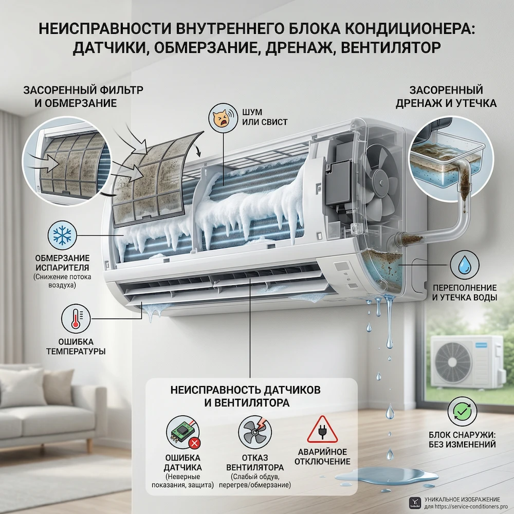 Ошибка внутреннего блока кондиционера: датчики, обмерзание, дренаж, вентилятор