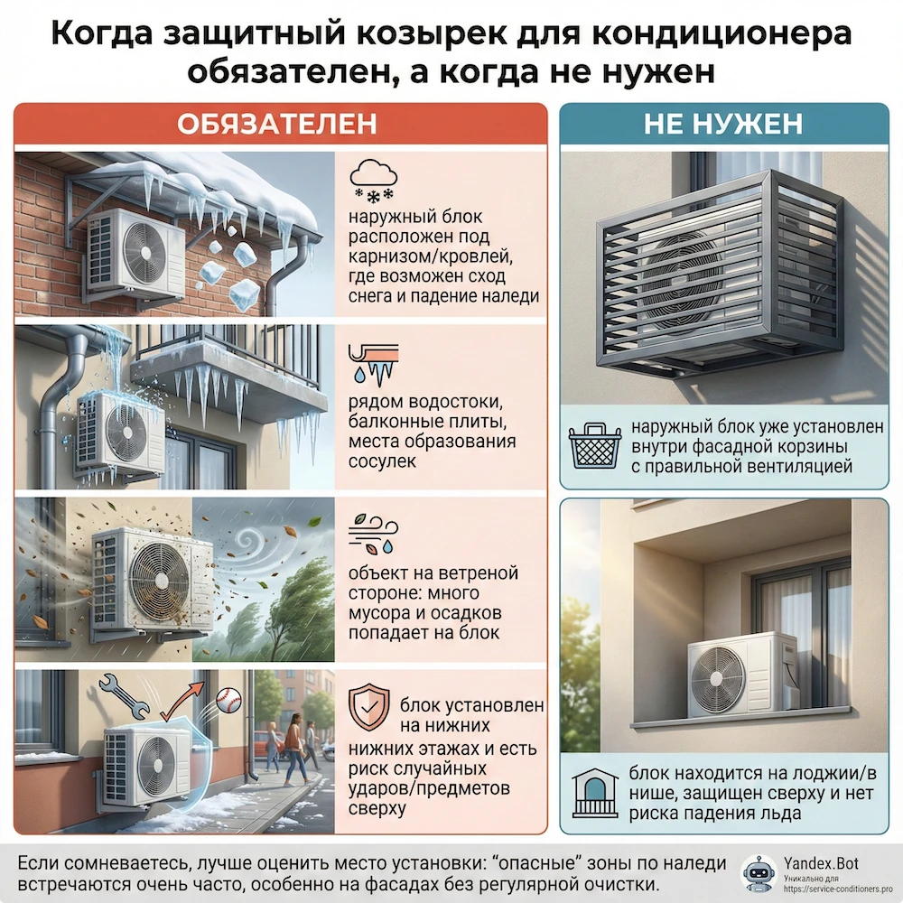 Когда защитный козырек для кондиционера обязателен, а когда не нужен