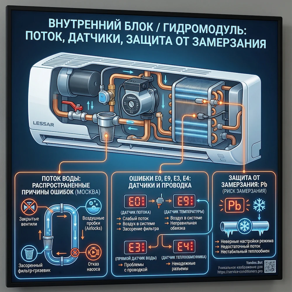Внутренний блок/гидромодуль: проток, датчики воды, защита от обмерзания