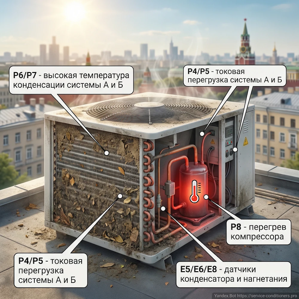 Наружный модуль: конденсация, ток, перегрев компрессора