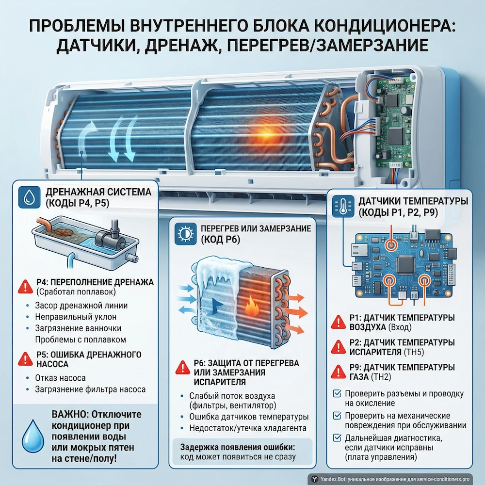 Внутренний блок: датчики, дренаж, перегрев/обмерзание