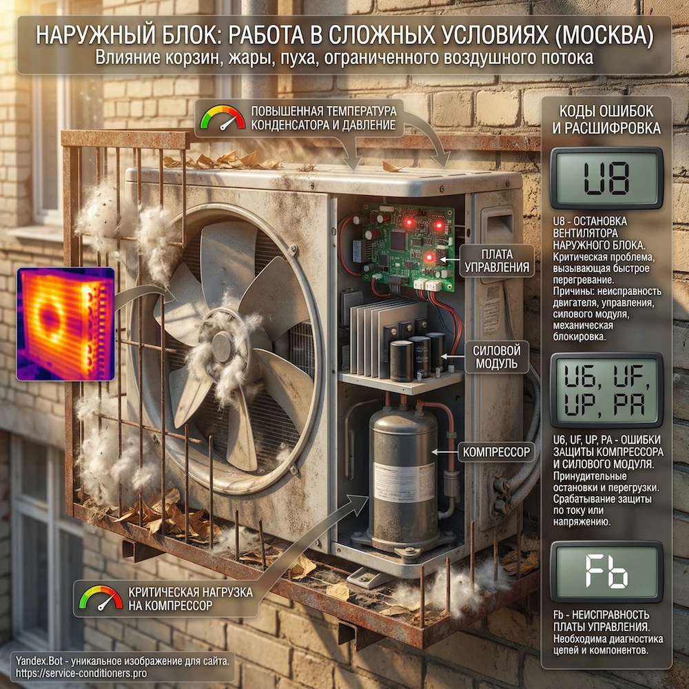 Наружный блок: вентилятор, плата, силовой модуль, компрессор